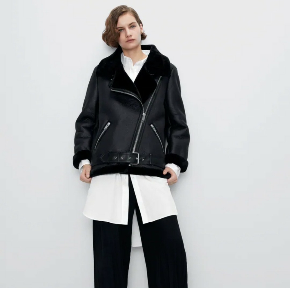 Black Zara Double Faced shearling bomber jacket